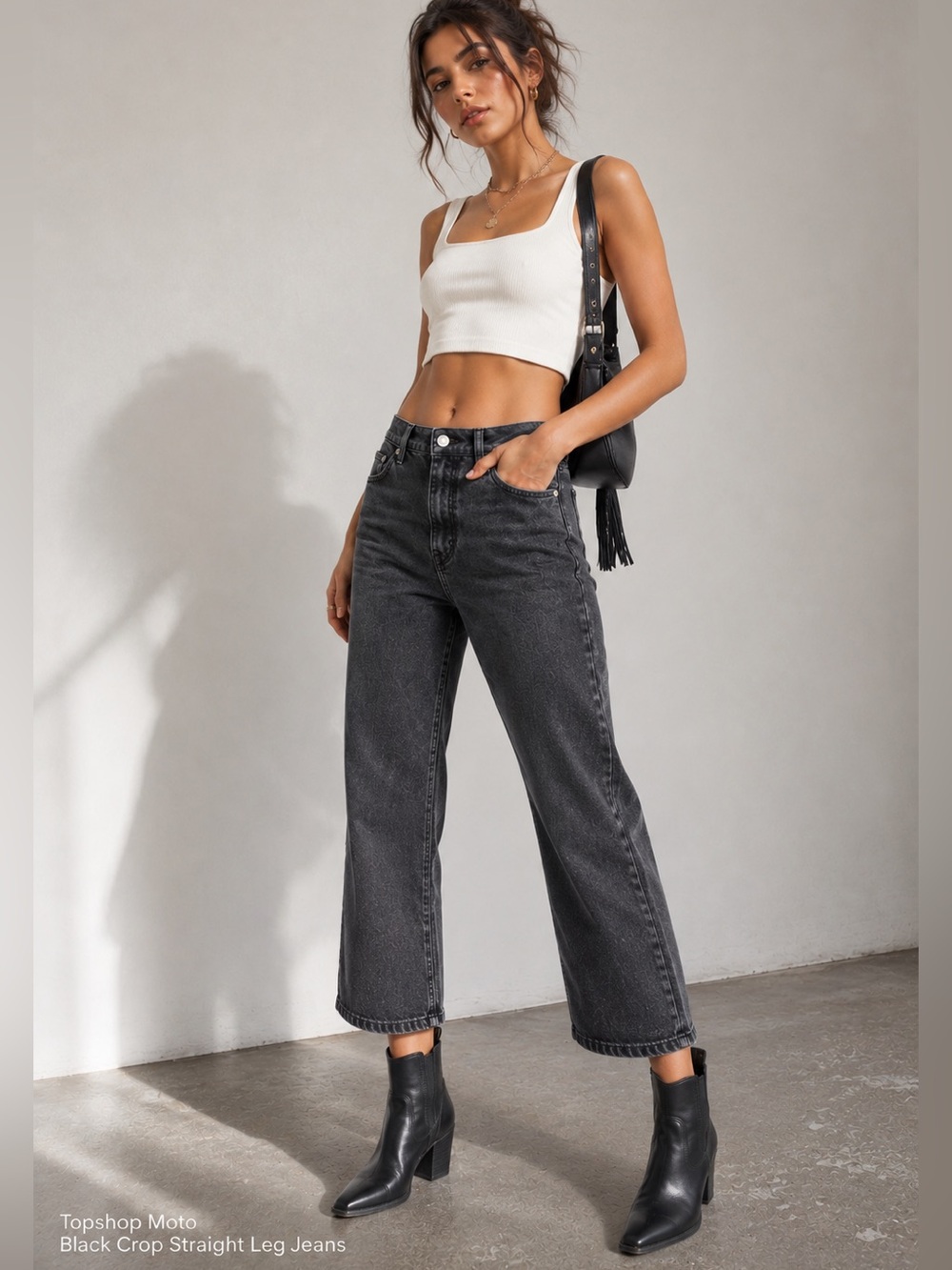 Topshop Moto Black Wash Raw Hem Crop Straight Leg Jeans W25 L30 NWT NEW Festival